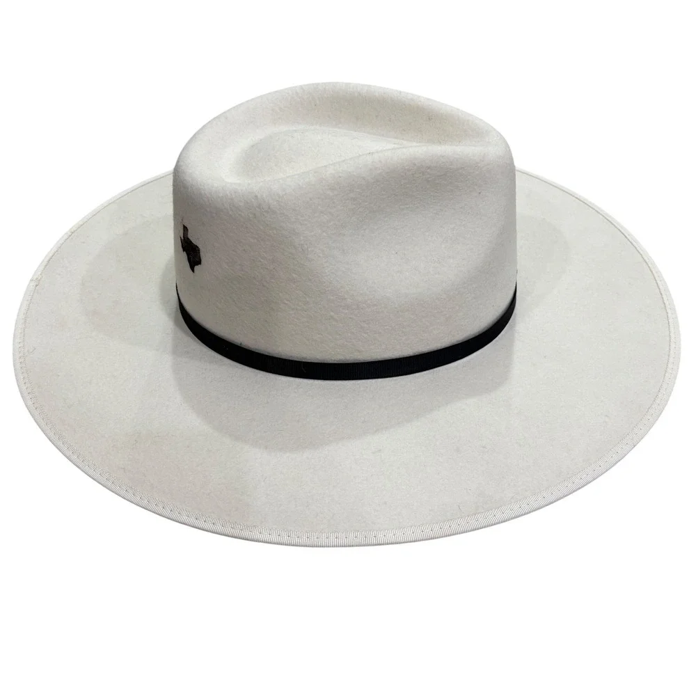 Flea Style White Australian Wool Wide Brim Fedora Hat Texas Feather 58cm